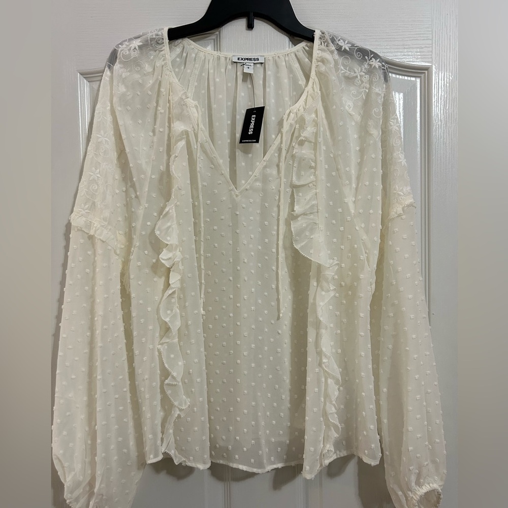 Express Cream Blouse with Ruffle Accents
